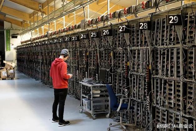 A modern mining farm setup, showcasing rows of mining rigs