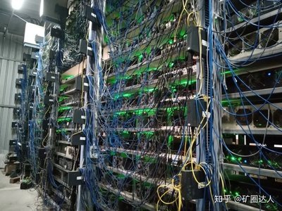 A mining farm with rows of ASICs humming, representing a large-scale operation.