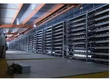 A bustling mining farm optimized for cost-effective electricity, balancing BTC and ETH operations