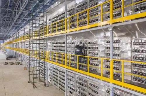 Mining farm with rows of powerful mining rigs operating under high energy consumption