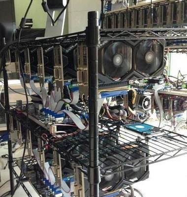 A powerful mining rig with multiple GPUs, representing the core of many cryptocurrency mining operations.